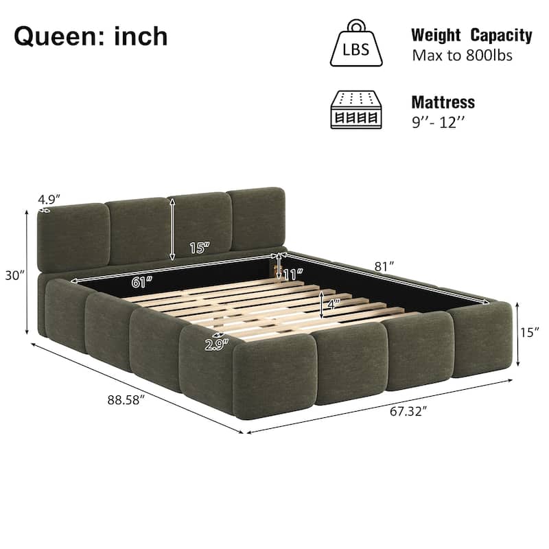 Christopher Knight Home Evelyn Platform Bed with Boucle Upholstery and Thick Block-Style Headboard