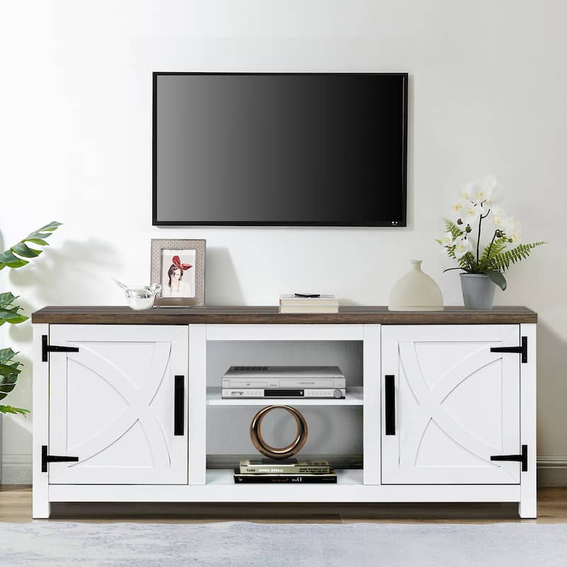 58-inch Farmhouse White Media Console TV Stand for TVs up to 65" with Door and Open Shelves - White/ Brown