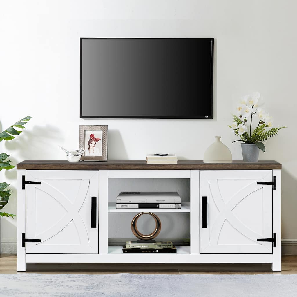 58-inch Farmhouse White Media Console TV Stand for TVs up to 65" with Door and Open Shelves