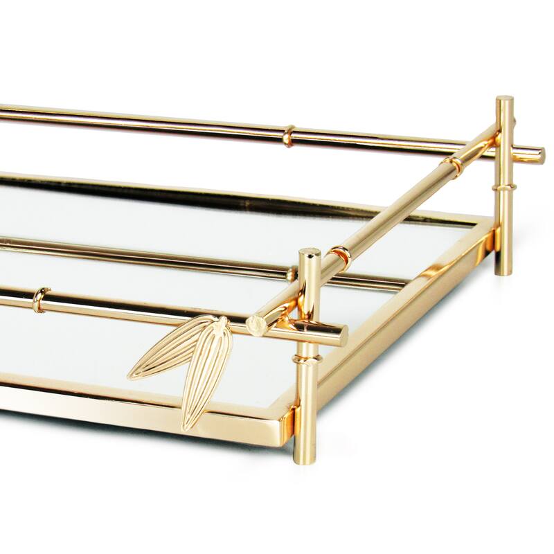 Gold Bamboo Style Rectangle Metal Mirror Decorative Tray Serving Platter