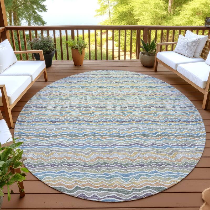 Machine Washable Indoor/ Outdoor Ziggy Stripe Chantille Rug - Blue - 8' x 8'