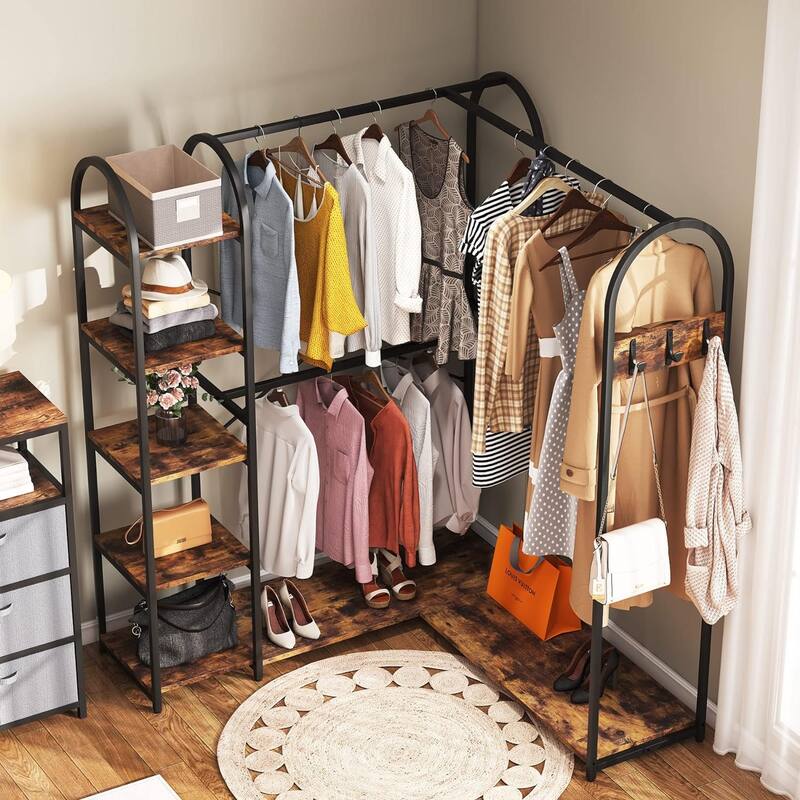 L Shape Clothes Rack Corner Garment Rack with Storage Shelves and Hanging Rods