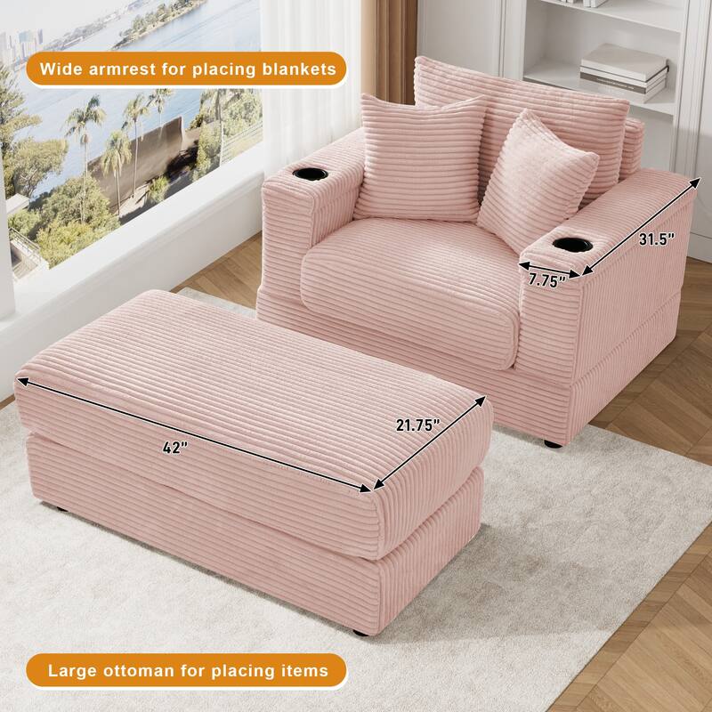 Ouyessir Upholstered Deep Seat Single Sofa with Ottoman for Living Room