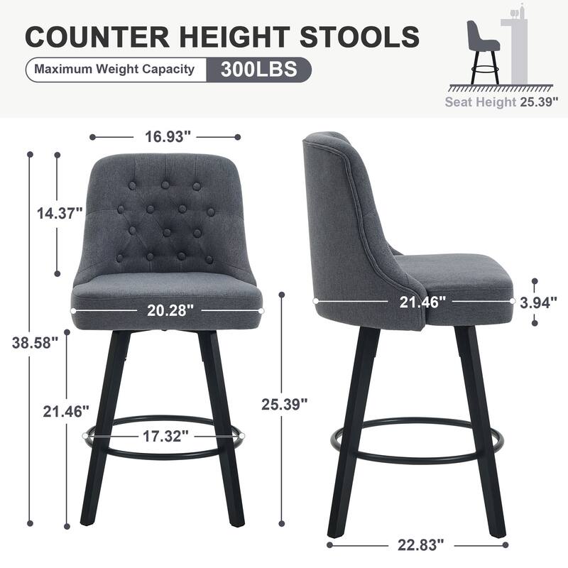 Ergonomic Counter Stools with Linen Upholstery, Swivel Bar Stools with Wooden Legs Kitchen Island Stools Set of 2