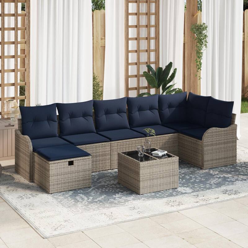 vidaXL 7/8 Garden Sofa Set with Cushions Black/Brown/Grey Poly Rattan - 113.2 x 48.2 x 27.2 - Grey with table
