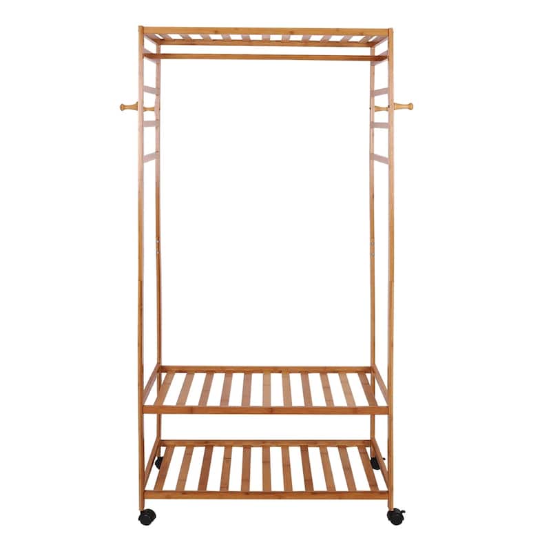 Clothes Rack Bamboo Garment Rolling Rack with Side Hooks