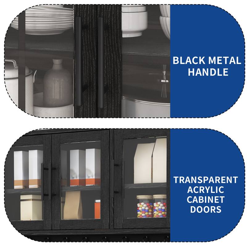 71" Tall Kitchen Pantry Hutch Storage Cabinet with Power Outlet,Freestanding Cupboard Storage Buffet with Drawers & Glass Doors