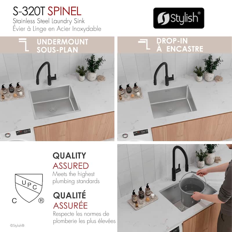 STYLISH 22 inch L x 18 inch W Stainless Steel Single Basin Dual Mount Laundry Sink with Strainer - 22" x 18" x 12"