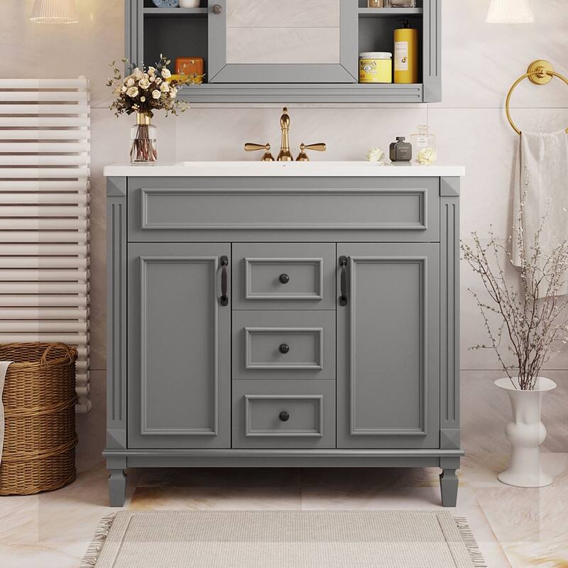 36" Bathroom Vanity with Top Sink, Modern Bathroom Storage Cabinet with 2 Soft Closing Doors and 2 Drawers - Grey