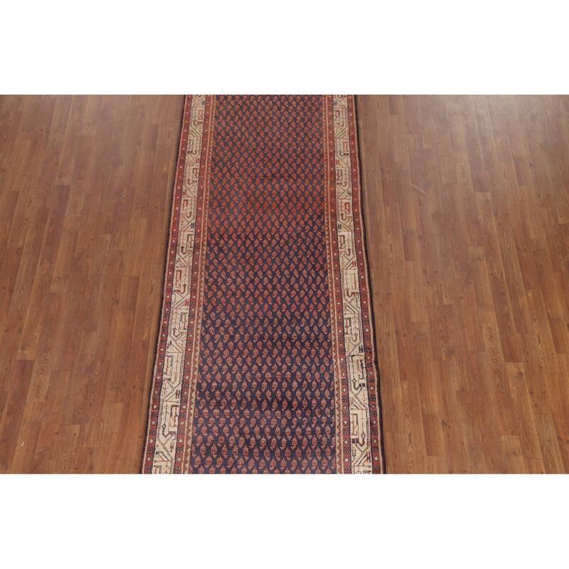 Hand Knotted Oriental 100% Wool Carpet Traditional All-Over Navy Blue & Blues Botemir Runner Rug - 10' 1'' X 3' 4''