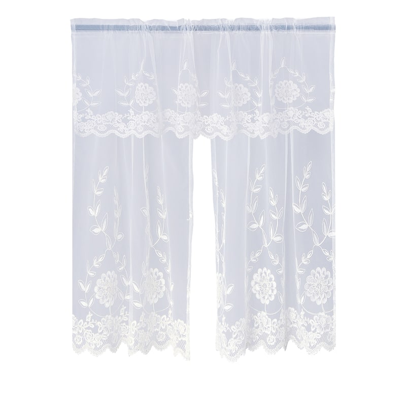 Violet Linen Royalty Embroidered Sheer Lace, Ivory 3pc Set 60"x18" Valance, 30"x36" Tiers, Decorative Window Kitchen Curtain - 1-Valance and 2-36" Tiers - Ivory