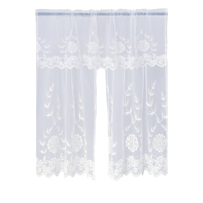 Violet Linen Royalty Embroidered Sheer Lace, Ivory 3pc Set 60"x18" Valance, 30"x36" Tiers, Decorative Window Kitchen Curtain