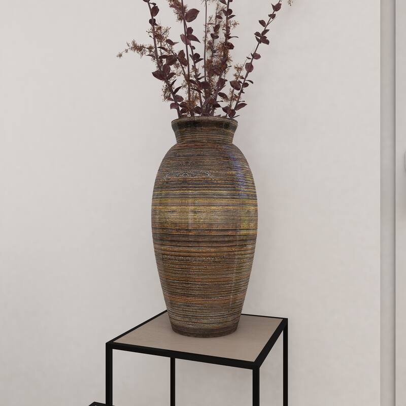 Brown Bamboo Wood Textured Decorative Vase with Lacquer