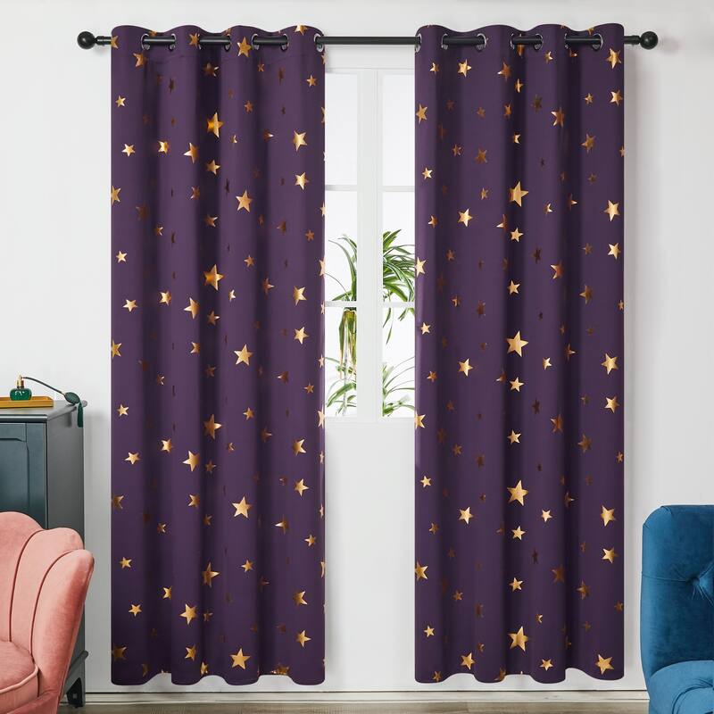 Gold Star Foil Room Darkening Curtains for Kids 2 Panels