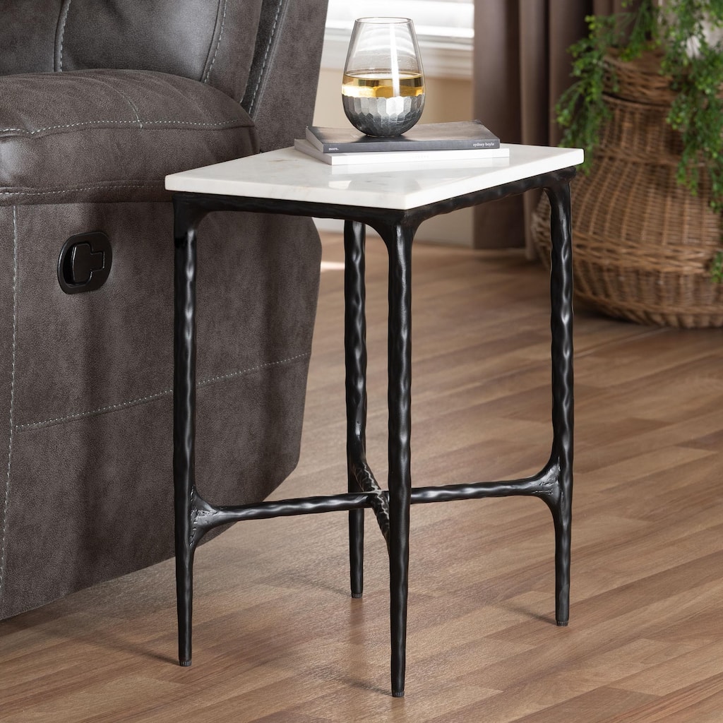 Akanji Marble End Table - Modern Rustic Accent Table with Hand-Forged Metal Frame for Living Room or Seating Areas
