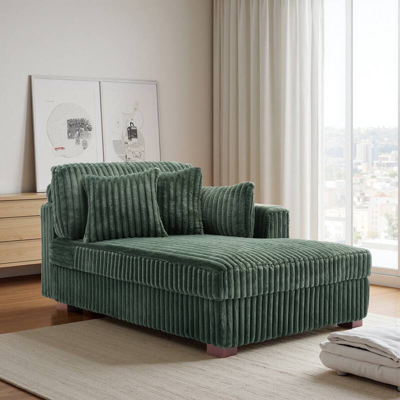 42" W Plush Corduroy Upholstered Chaise Lounge Sleeper for Living - Chaise&2 Pillows-Right Facing - Green