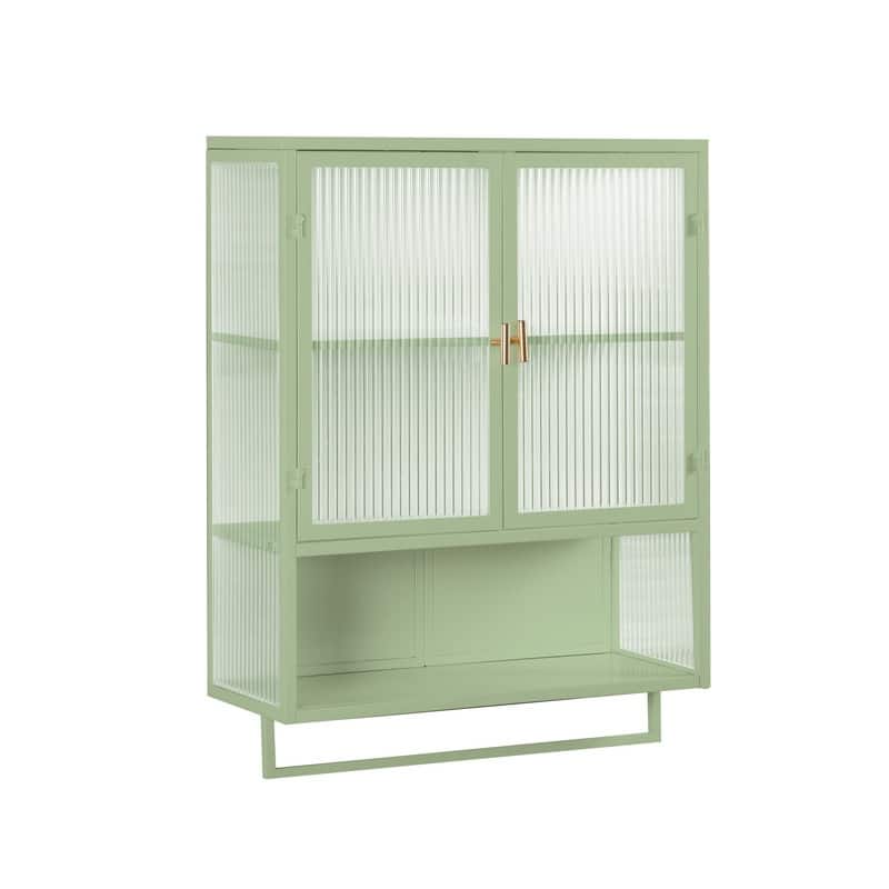 23.62" Modern Fluted Glass Wall Cabinet with Two Doors, Open Shelf & Towel Rack