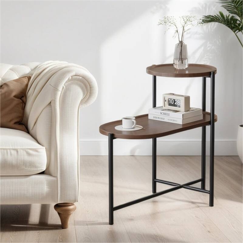 2-tier Modern Round End Table with Wood Storage Shelf - Walnut Brown