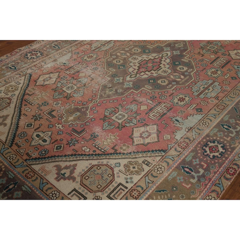 Vintage Pink Geometric Tabriz Persian Area Rug Handmade Wool Carpet - 6'4" x 10'0"