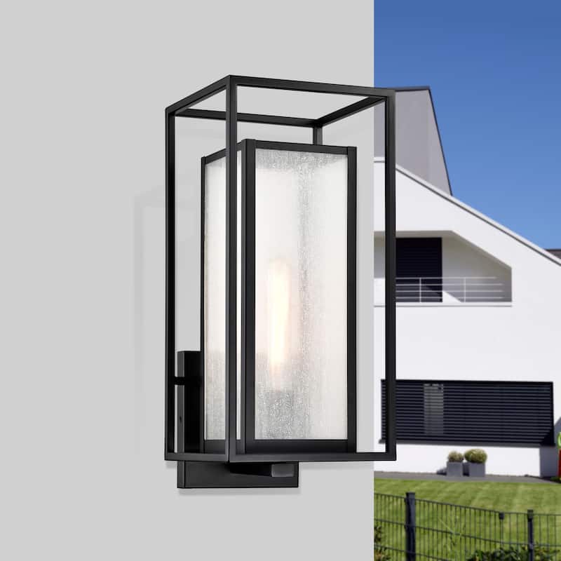 1-Light Matte Black Finish Outdoor Wall Sconce with Seedy Glass Shade