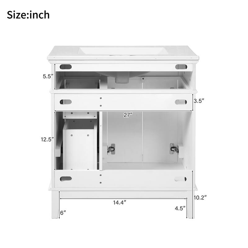 30" Bathroom Vanity with Ceramic Sink, Deep Drawer, Gold Handles & Soft-Close Doors - Modern Storage Cabinet
