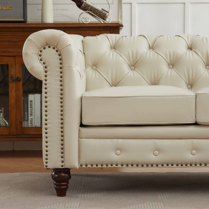 Vintage PU Button-Tufted Sofa Couch, Flared Arms, Rubberwood Legs & Nailhead Trim