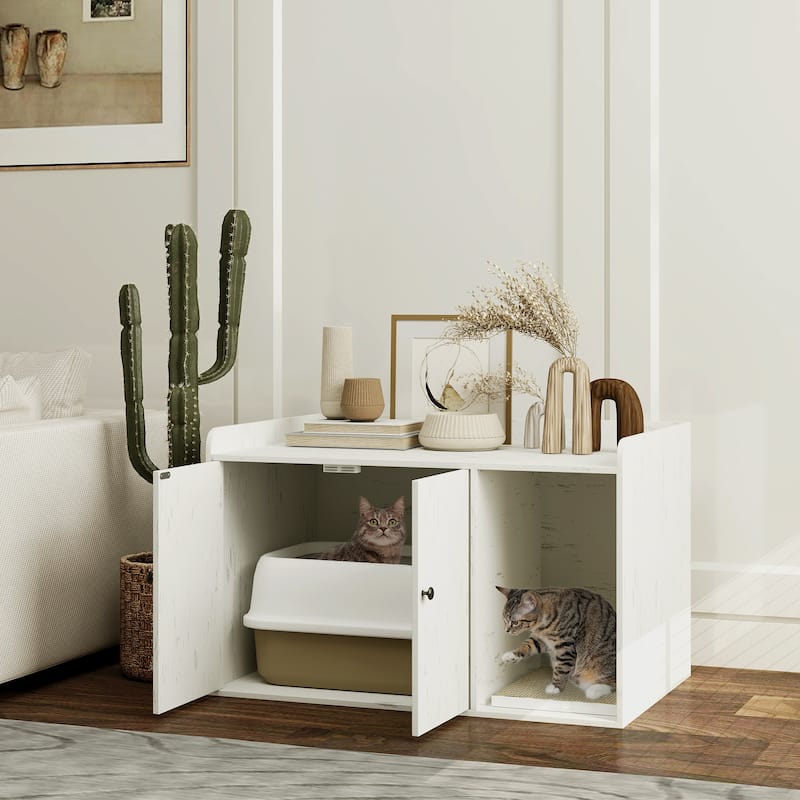 Wooden Cat House With Litter Box Storage And TV Stand - Distressed- White