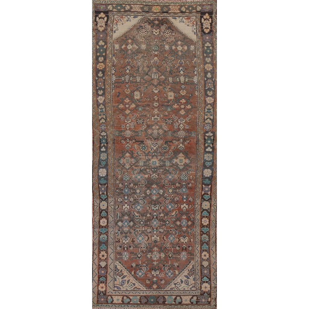 Hand Knotted Oriental 100% Wool Carpet Traditional Geometric Oranges & Rust Hamedan Runner Rug - 9' 1'' X 3' 3''