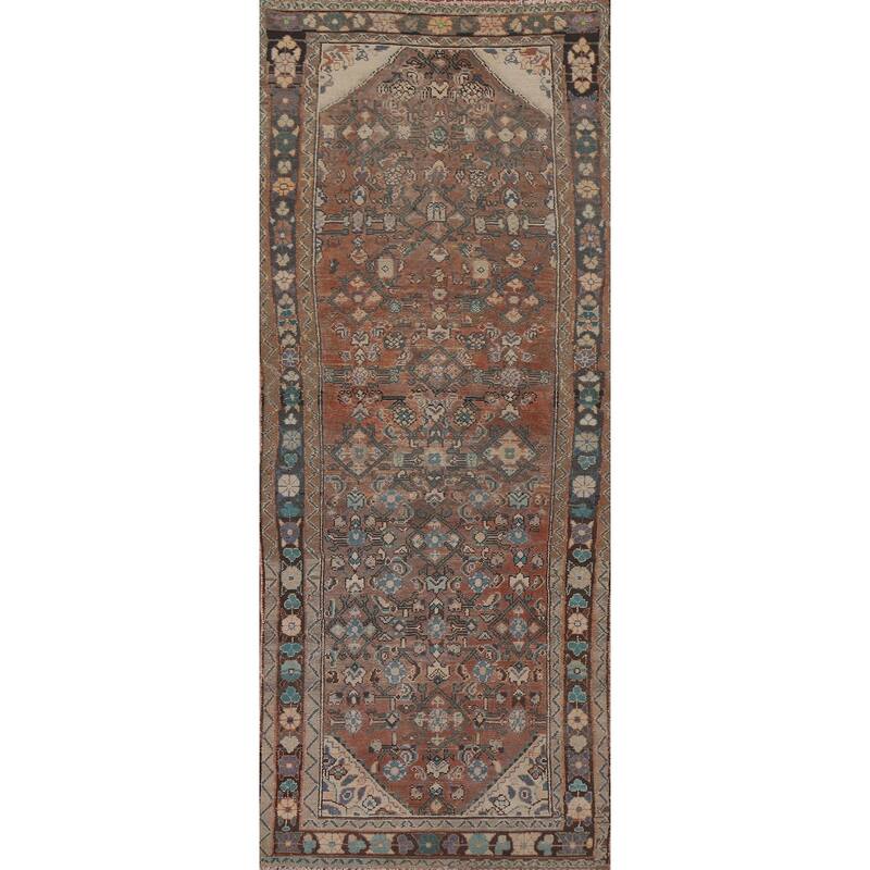 Hand Knotted Oriental 100% Wool Carpet Traditional Geometric Oranges & Rust Hamedan Runner Rug - 9' 1'' X 3' 3''