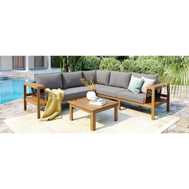 Roomfitters 4-Piece Outdoor Sectional Sofa Set with Coffee Table and Built-in Side Shelves, Wood Frame