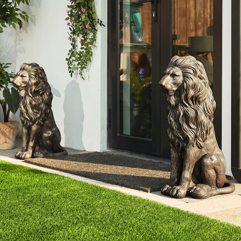 Glitzhome Set of 2 MGO Majestic Sitting Guardian Lion Statues Porch Sculpture Outdoor Indoor