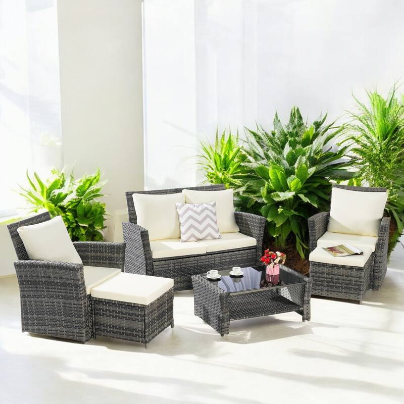 6-Piece Wicker Patio Furniture Set with Cushions & Coffee Table & Ottomans, Sofa for Outdoor Garden, Patio, or Balcony
