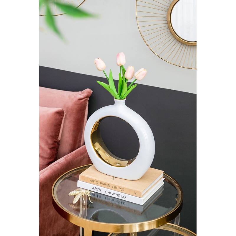 11x3.1x12" Round Ceramic Vase with Gold Accent Modern Home Decor