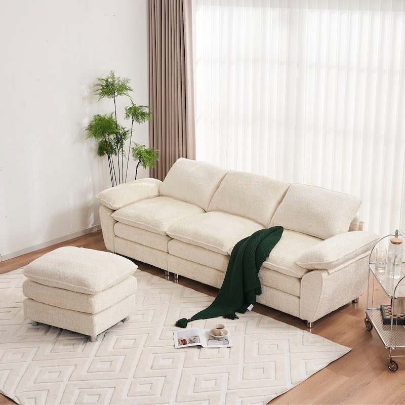 3-Seat Sofa with Ottoman Upholstered Sleeper Loveseat Sofa - Beige