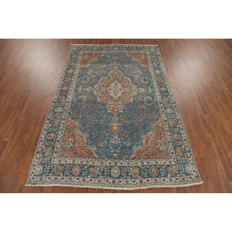 Blue Floral Tabriz Persian Vintage Area Rug Handmade Wool Carpet - 6'7"x 9'11"