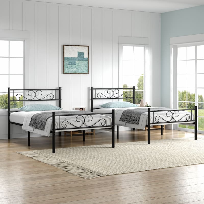 VECELO Kids Bed Frame Set of 2, Metal Bed Frame with Headboard, Twin Size Platform Bed