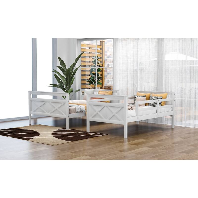 White Twin over Full Pine Wood Bunk Bed with Full-Length Guardrail, Converts to 2 Separate Beds