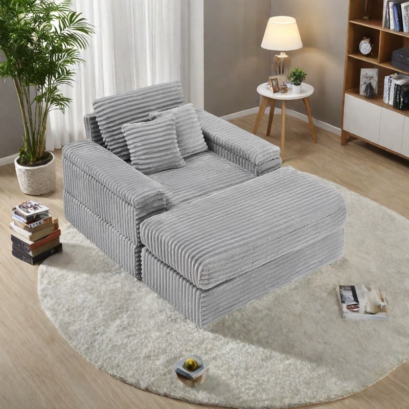 Corduroy Single Sofa Sets with 2 Throw Pillows and 500lb Weight Capacity - Gray