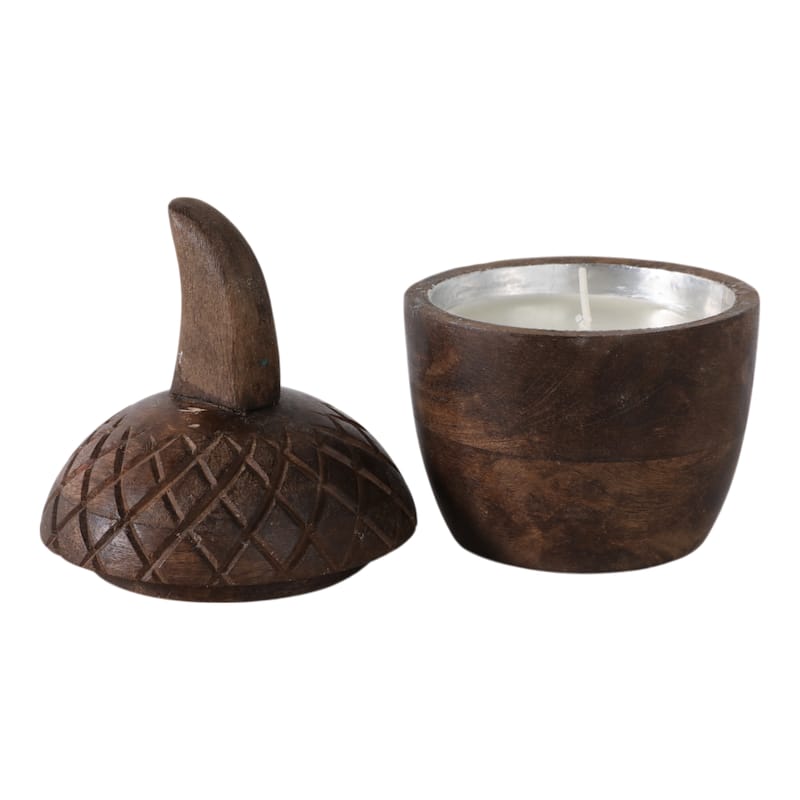 Handcrafted Wooden Acorn Soy Wax Candle Carved Wood Jar with Lid - 4" x 4" x 6"