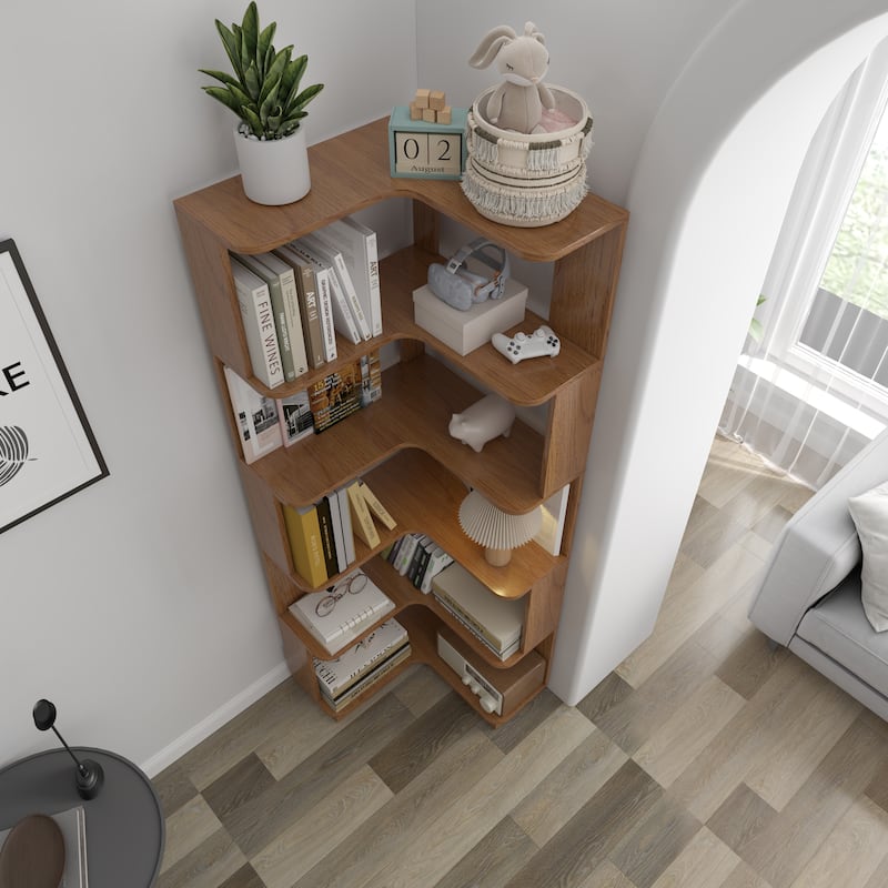 6 Tier Freestanding L-Shaped Corner Bookshelf For Living Room, Bedroom, Wooden Bookcase with anti tipping device