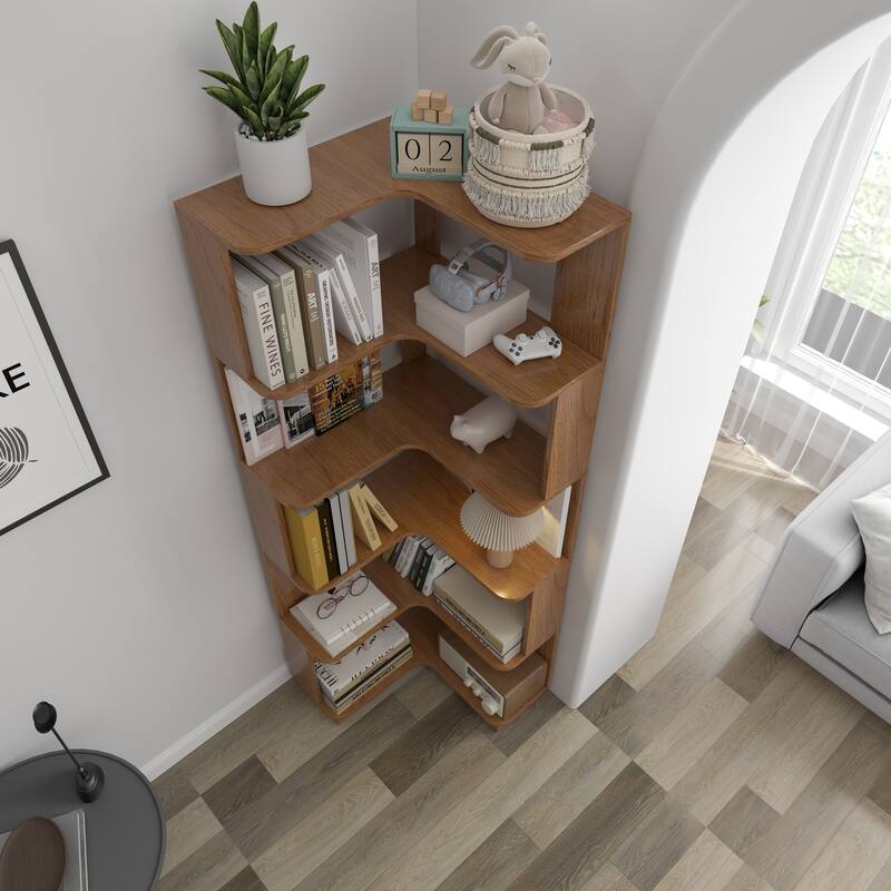 Anmytek 6 Tier L-Shaped Corner Bookshelf Storage Display Shelf Dark Oak
