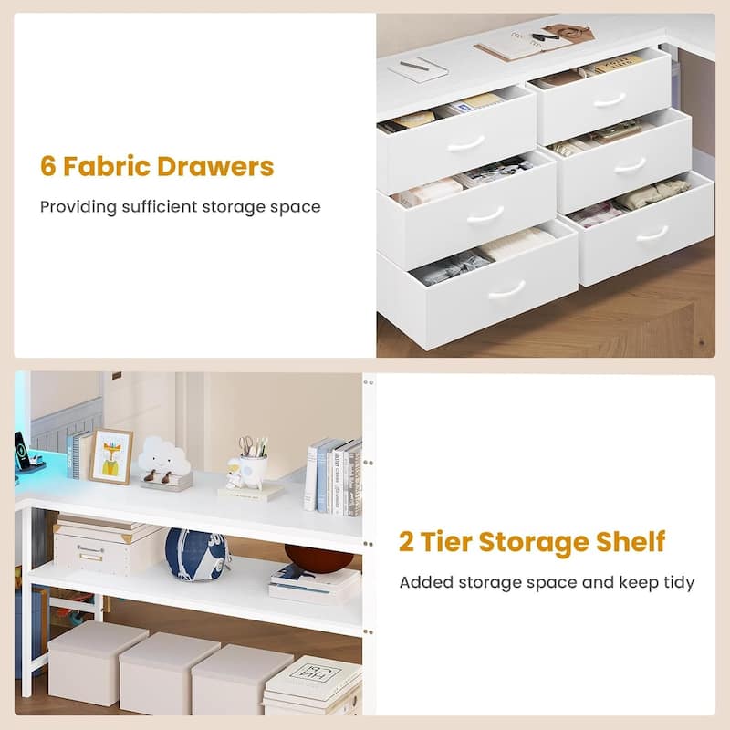 Loft Bed with Full Size U-Shaped Desk 6 Drawers Power Outlet 2 Storage Shelves