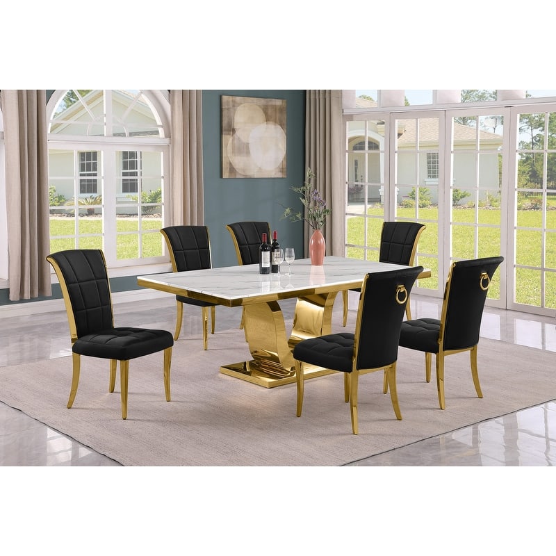Best Quality Furniture D321-SC324-7 Dining Set with 78" White Marble Top - 7-Piece - Black / Gold