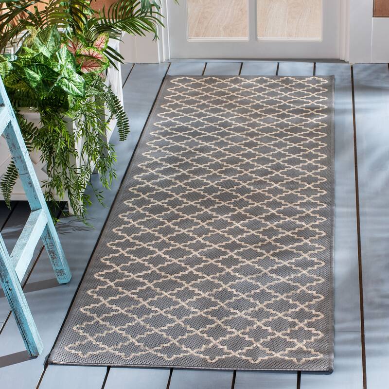 SAFAVIEH Courtyard Gerdi Indoor/ Outdoor Patio Backyard Rug - 2'3" x 12' Runner - Anthracite/Beige
