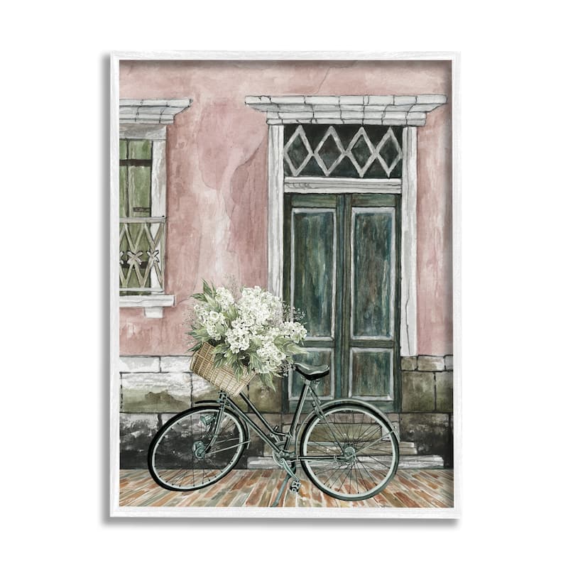 Stupell Spring Bicycle Lush Floral Bouquet Vintage City Architecture Framed Wall Art - Pink - 11 x 14 - White