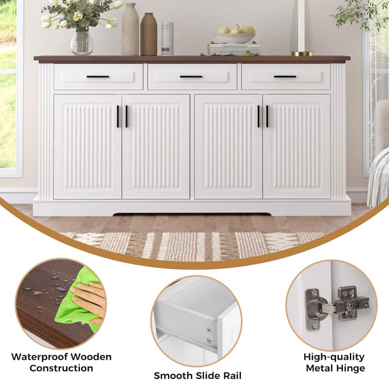 63" Fluted Sideboard Buffet Cabinet, Farmhouse Kitchen Storage Credenza with 4 Doors & 3 Drawers, Coffee Bar Console Table
