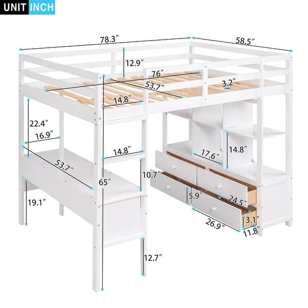 White Pinewood Loft Bed with Built-in Desk, Drawers, Shelves, and Storage Cabinets