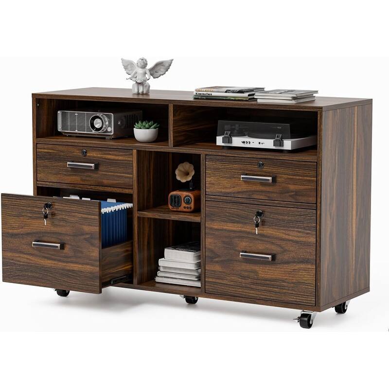 4 Drawer Wood Mobile Lockable Rolling File Cabinet with Shelves