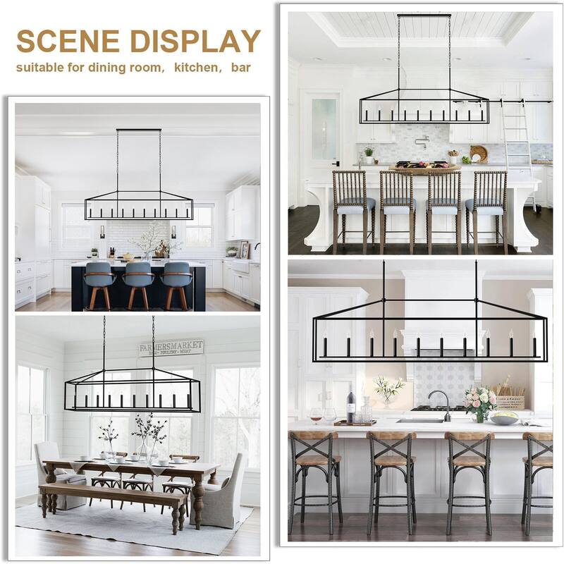 10-Light Rectangular Kitchen Island Chandelier Black Adjustable Farmhouse Pendant Light with Open Frame Design - 78.74