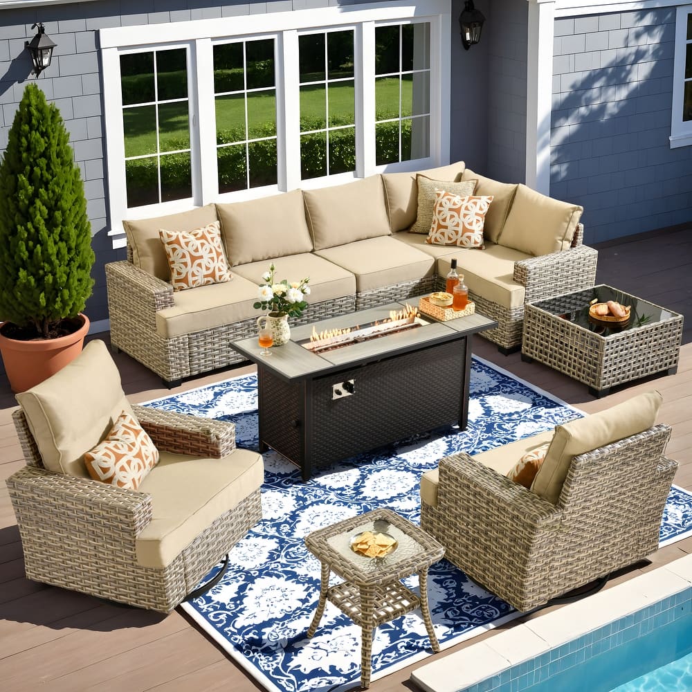 OVIOS 10 Pieces T shaped Seat Wide Armrest Swivel Chair Set With Solar-Powered Table&Fire Pit